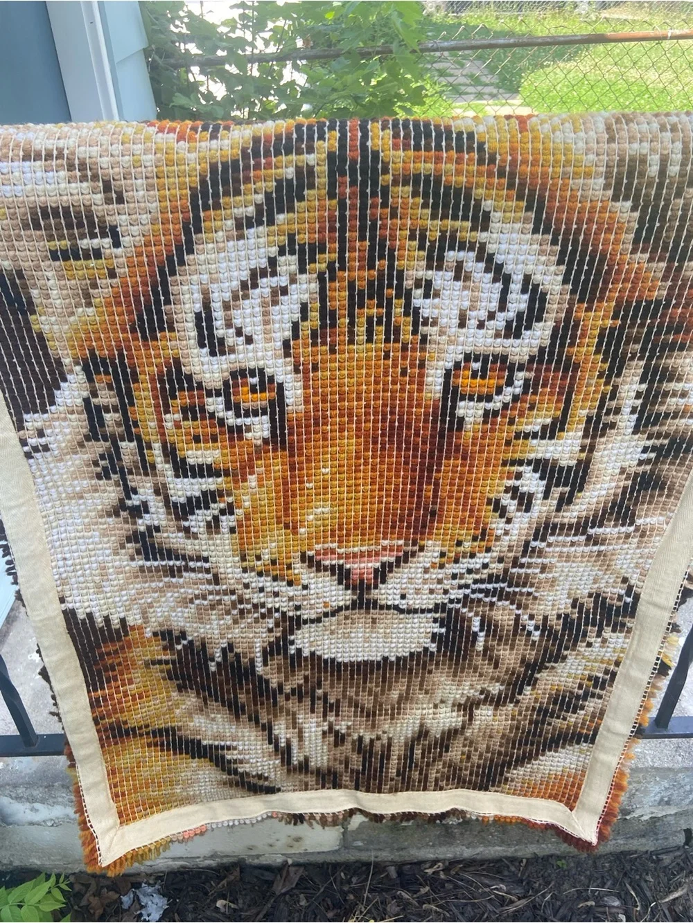 Handmade Tiger Latch Hook Wall Hanging - Brown and Gold